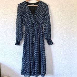 Blue Floral Long Sheer Sleeve V Neck Dress